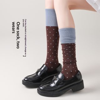 Korean-style Polka-dot Contrast-color Womens Calf Sweet And Versatile Knee-high Puff Socks Made Of Cotton