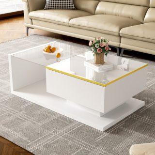 90 Cm Long Coffee Table, High-Gloss White. Side Tables, Coffee Tables With Glass And LED Effect