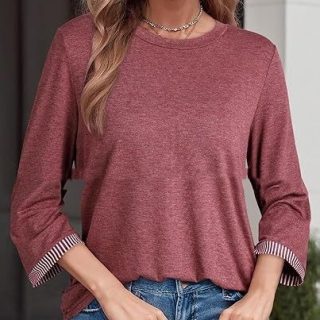 Fashionable Three-Quarter Sleeve Contrast-Piece Panel T-Shirt