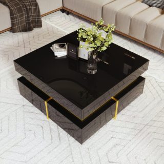 Coffee Table, High-Gloss Living Room Table, Side Table With Drawers And Gold Accents