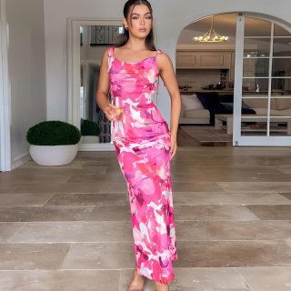 Printed Sexy Backless Waist Cinching Sheath Slip Dress