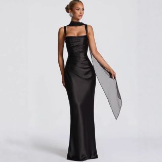 Square Neckline Collarbone-baring Strapless Figure-hugging Pleated Waist-cinching Sheath Skirt