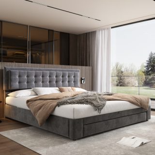Upholstered Bed,Super King Size Bed-6ft180x200cm, Velvet Fabric, Double Bed, Large Storage Space,With Slats And Headboard,Without Mattress,Grey