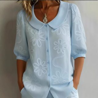 Loose-fit Retro Buttoned 3D Embroidered Floral Shirt
