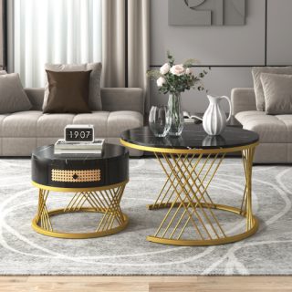 2 In 1 Round Coffee Table Made Of MDF With Marble Grain Veneer Top, Rattan Drawers And Solid Wood Handles. Gold Coloured Iron Legs. 70x70x45.5  50x50x38.5cm